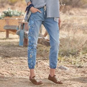 Free People Blue Floral Embroidered Pants